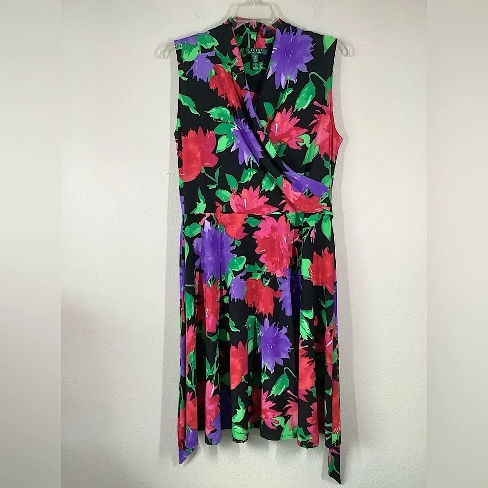 LAUREN Ralph Lauren Sleeveless Dress 1X Faux Wrap Dark Floral Work Wedding - Picture 9 of 14